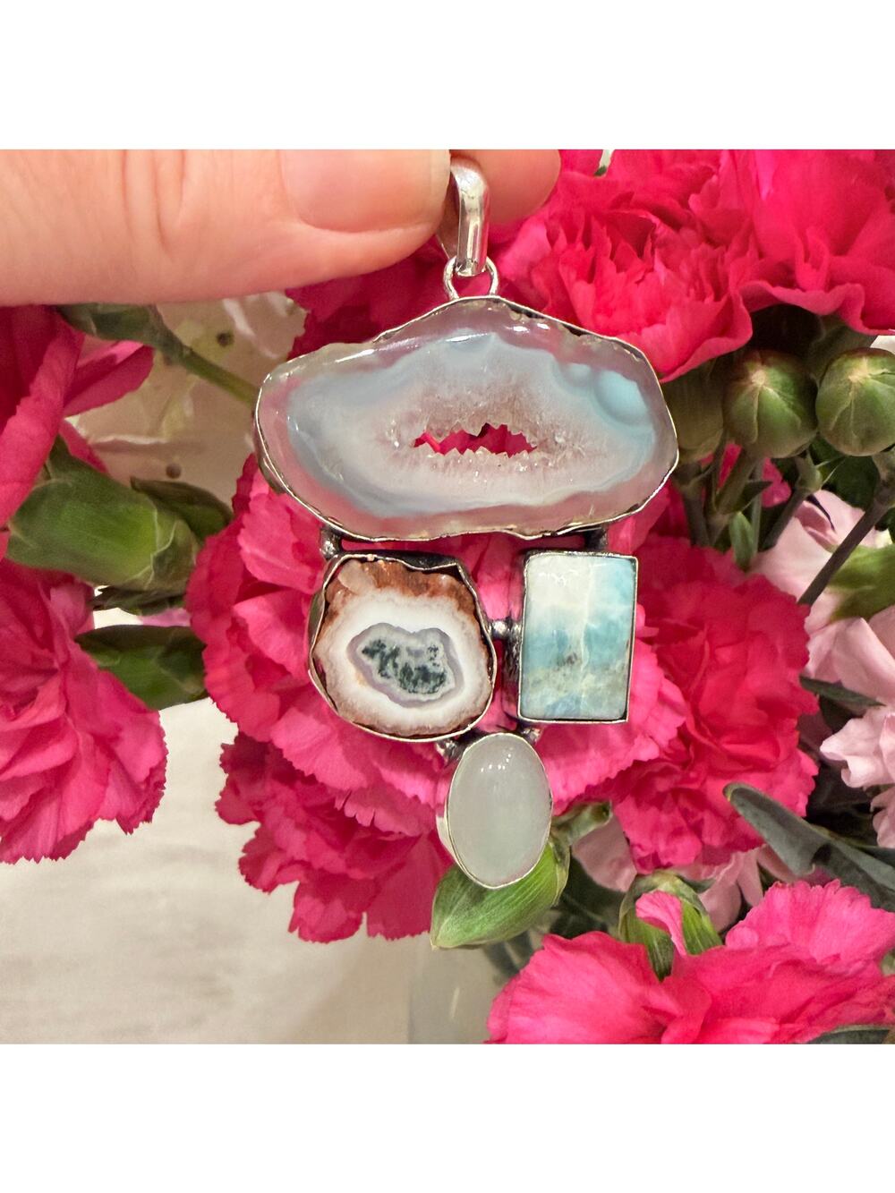 Blue Druzy Solar Quartz Statement Pendant 925 Silver Plated